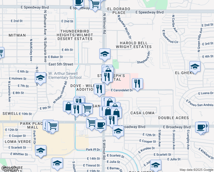 map of restaurants, bars, coffee shops, grocery stores, and more near 412 North Wilmot Road in Tucson