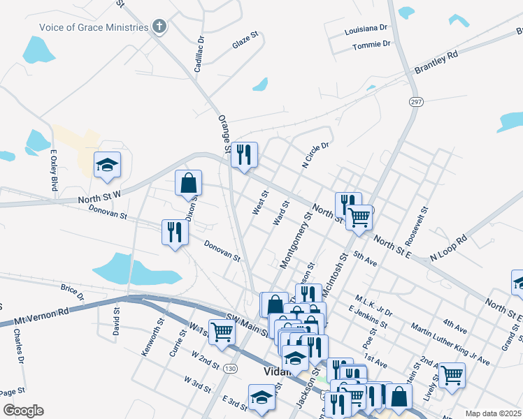 map of restaurants, bars, coffee shops, grocery stores, and more near 408 Peachtree Street in Vidalia