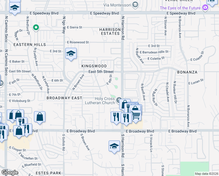 map of restaurants, bars, coffee shops, grocery stores, and more near 402 North Loquat Avenue in Tucson