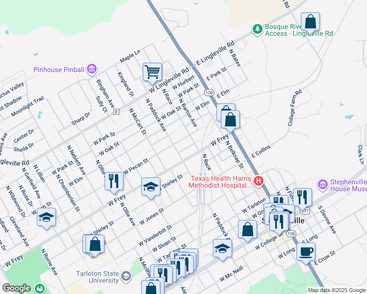 map of restaurants, bars, coffee shops, grocery stores, and more near 611 West Minnie Street in Stephenville