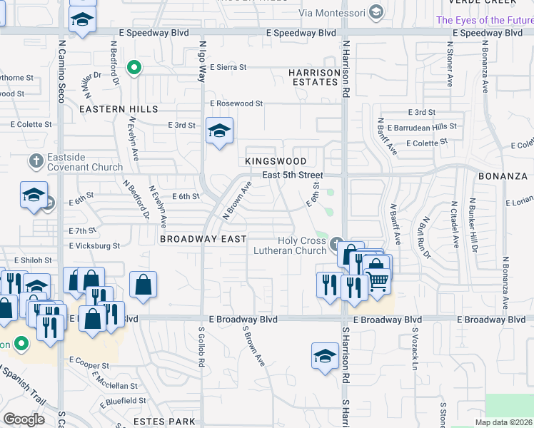 map of restaurants, bars, coffee shops, grocery stores, and more near 9260 East 6th Street in Tucson