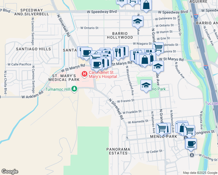 map of restaurants, bars, coffee shops, grocery stores, and more near 370 North Silverbell Road in Tucson