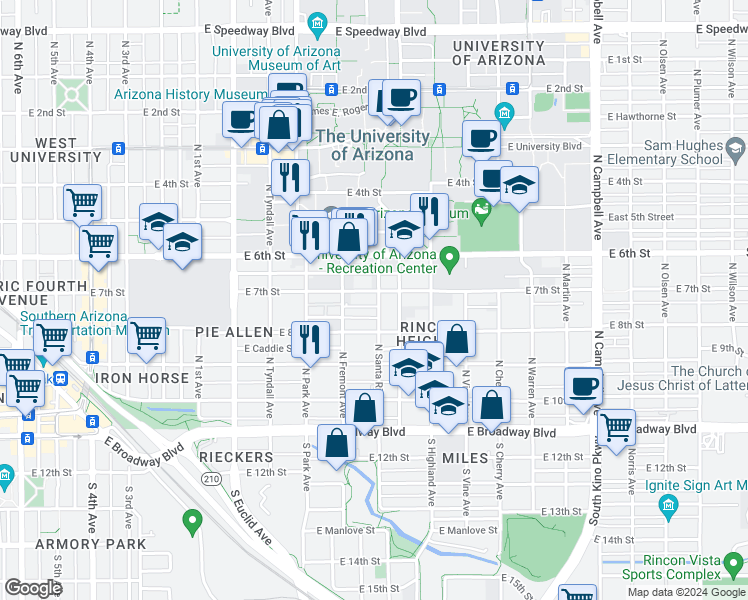 map of restaurants, bars, coffee shops, grocery stores, and more near 1146 East 7th Street in Tucson