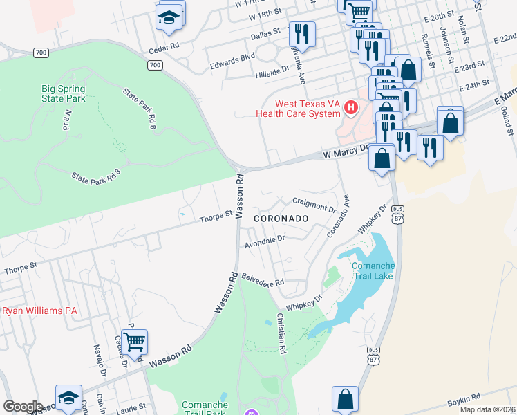 map of restaurants, bars, coffee shops, grocery stores, and more near 39 Courtney Place in Big Spring