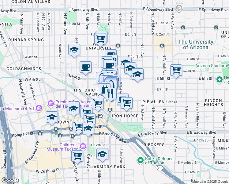 map of restaurants, bars, coffee shops, grocery stores, and more near 406 North 4th Avenue in Tucson