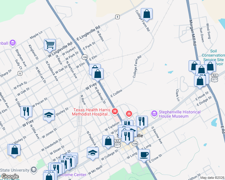 map of restaurants, bars, coffee shops, grocery stores, and more near 727 North Miller Avenue in Stephenville
