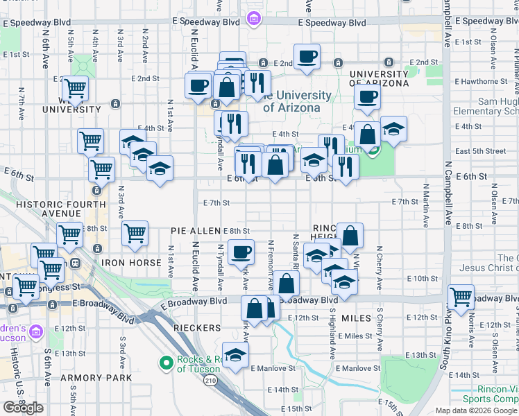 map of restaurants, bars, coffee shops, grocery stores, and more near 1052 East 7th Street in Tucson
