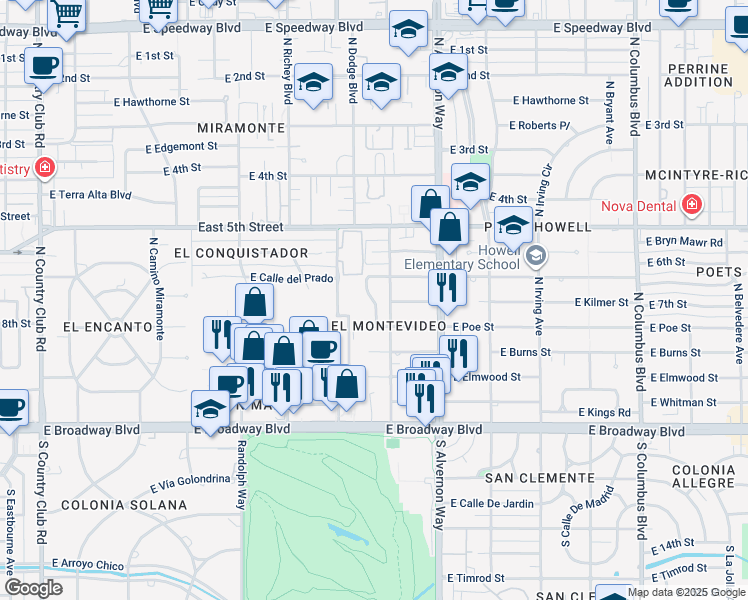 map of restaurants, bars, coffee shops, grocery stores, and more near North Ridge Drive in Tucson