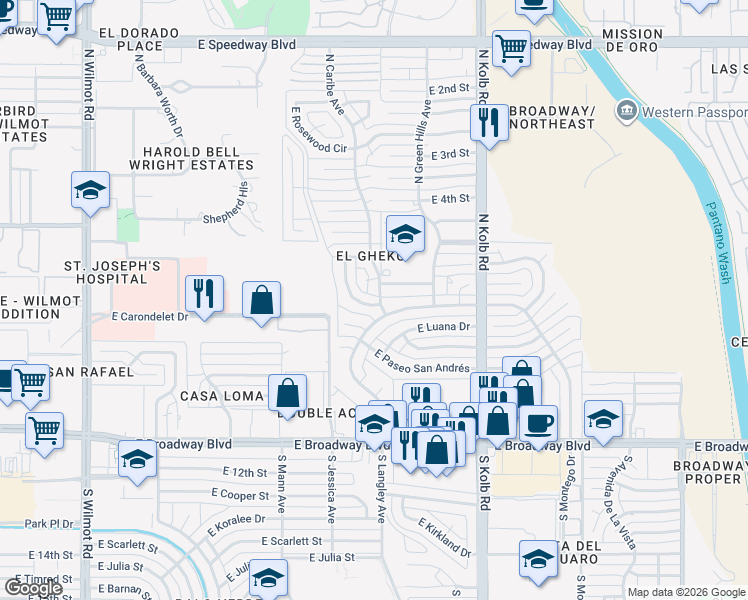 map of restaurants, bars, coffee shops, grocery stores, and more near 402 North Bahamas Drive in Tucson