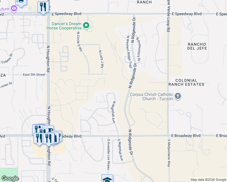map of restaurants, bars, coffee shops, grocery stores, and more near 418 North Nightfall Avenue in Tucson