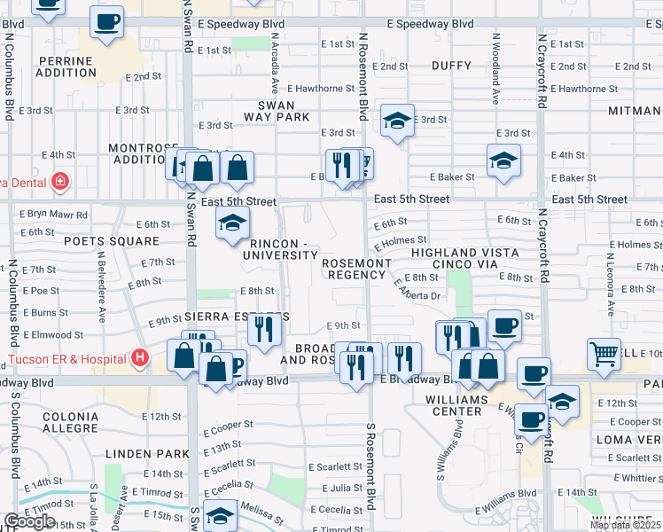 map of restaurants, bars, coffee shops, grocery stores, and more near 5003 East South Regency Circle in Tucson