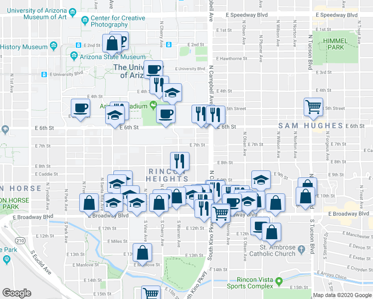 map of restaurants, bars, coffee shops, grocery stores, and more near 332 North Warren Avenue in Tucson