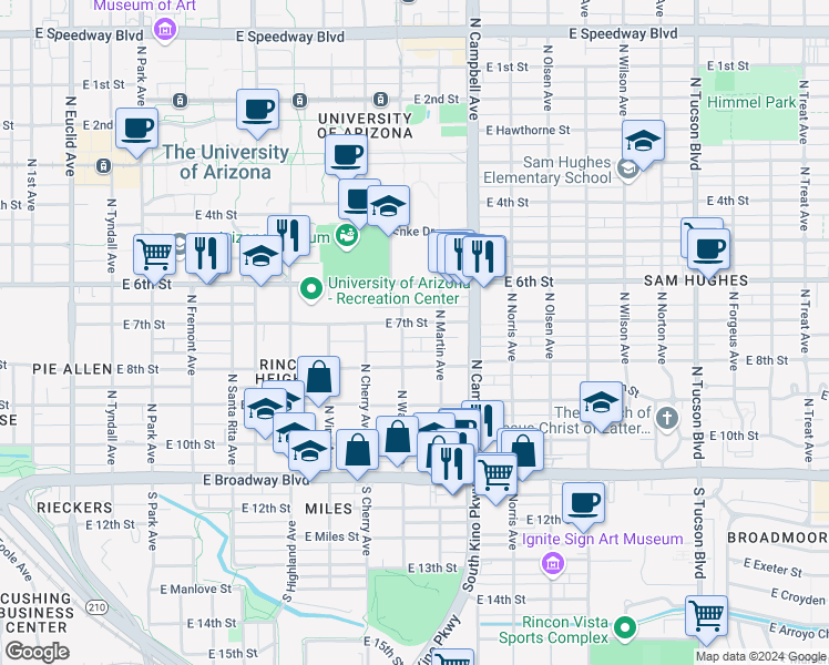 map of restaurants, bars, coffee shops, grocery stores, and more near 332 North Warren Avenue in Tucson