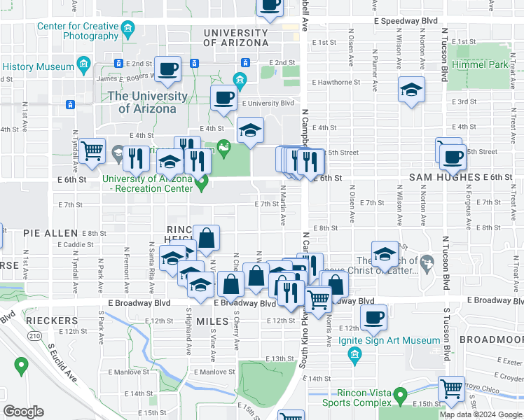 map of restaurants, bars, coffee shops, grocery stores, and more near 332 North Warren Avenue in Tucson