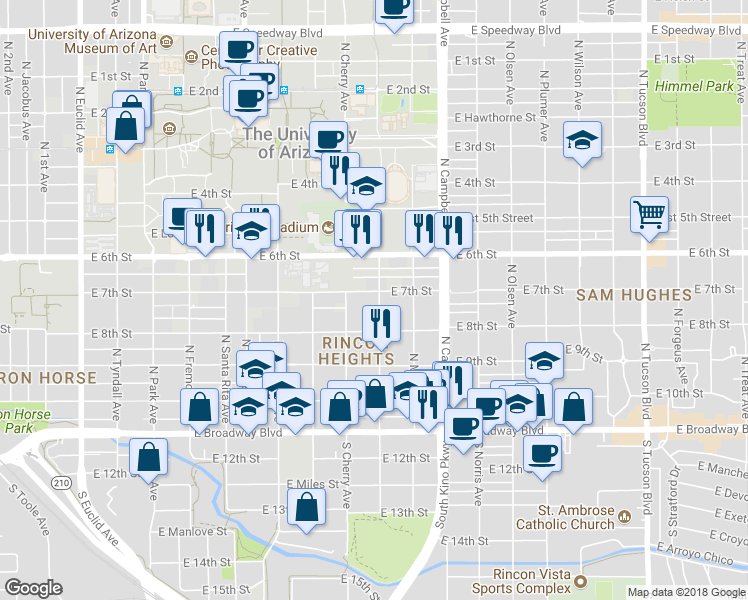 map of restaurants, bars, coffee shops, grocery stores, and more near 314 North Cherry Avenue in Tucson
