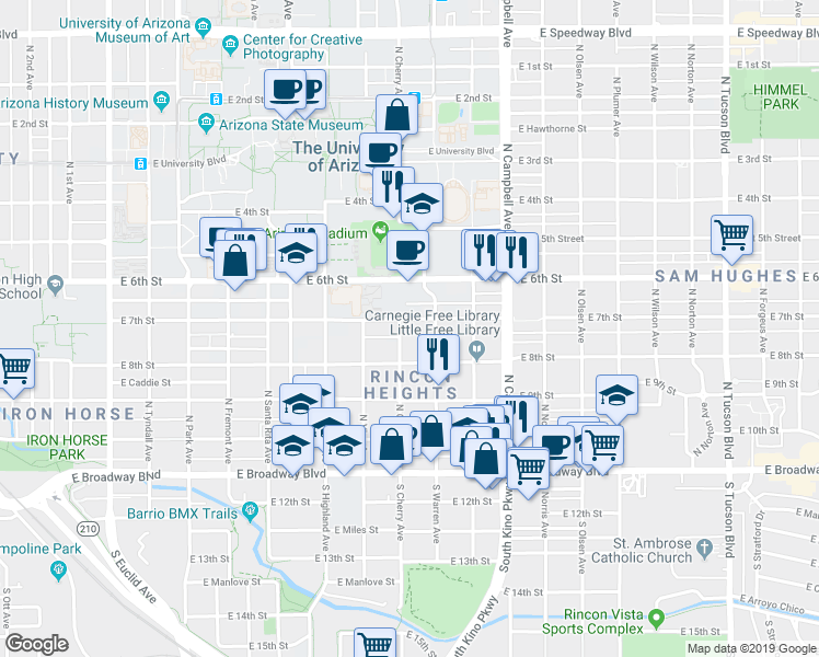 map of restaurants, bars, coffee shops, grocery stores, and more near 314 North Cherry Avenue in Tucson