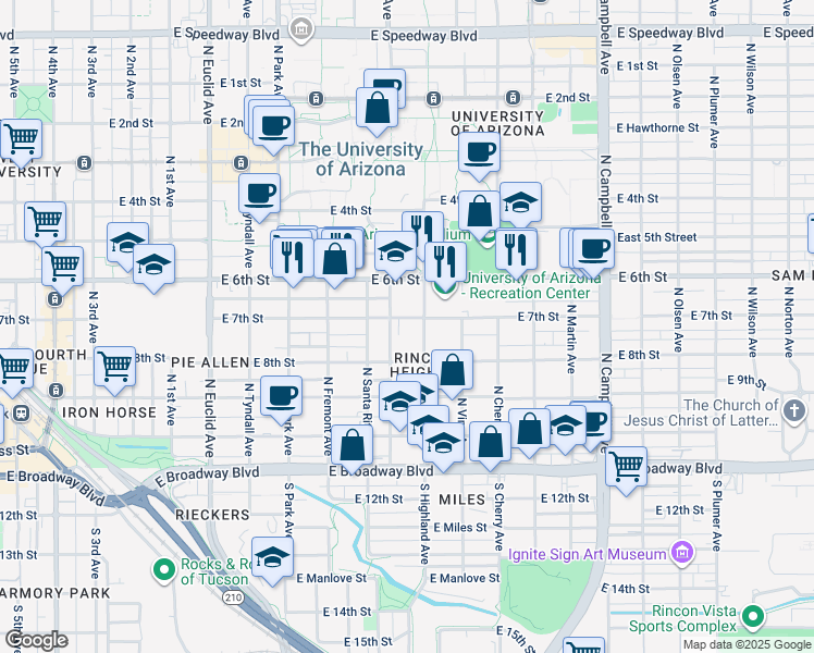 map of restaurants, bars, coffee shops, grocery stores, and more near 1316 East 7th Street in Tucson
