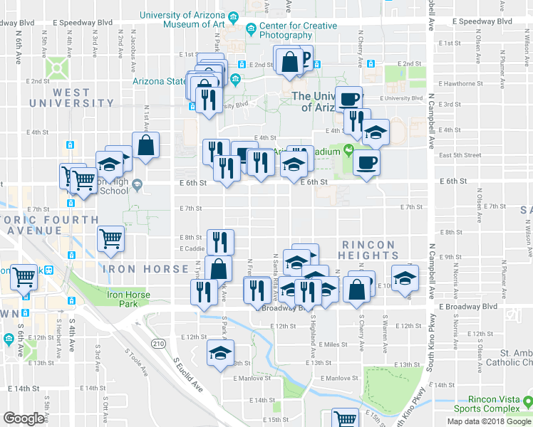 map of restaurants, bars, coffee shops, grocery stores, and more near 1146 East 7th Street in Tucson