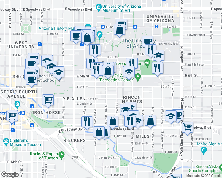 map of restaurants, bars, coffee shops, grocery stores, and more near 1146 East 7th Street in Tucson