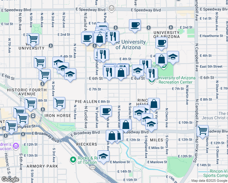 map of restaurants, bars, coffee shops, grocery stores, and more near 1052 East 7th Street in Tucson