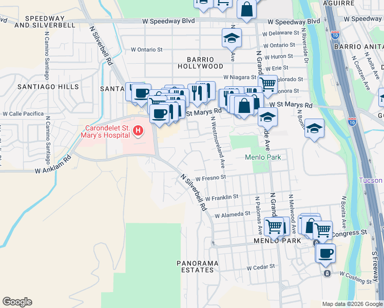 map of restaurants, bars, coffee shops, grocery stores, and more near 3777 Placita Oro in Tucson