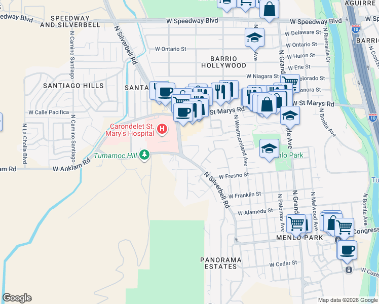map of restaurants, bars, coffee shops, grocery stores, and more near 1575 West Anklam Road in Tucson