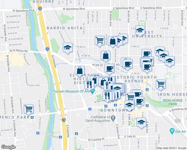 map of restaurants, bars, coffee shops, grocery stores, and more near 337 North Court Avenue in Tucson