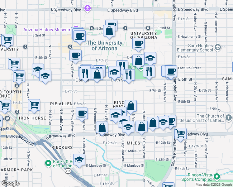 map of restaurants, bars, coffee shops, grocery stores, and more near 1312 East 7th Street in Tucson