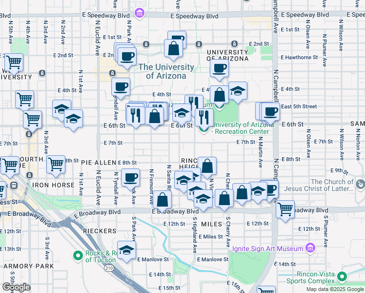 map of restaurants, bars, coffee shops, grocery stores, and more near 1302 East 7th Street in Tucson
