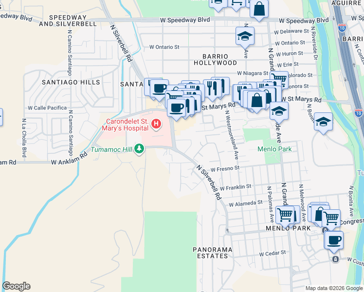 map of restaurants, bars, coffee shops, grocery stores, and more near 1575 West Anklam Road in Tucson