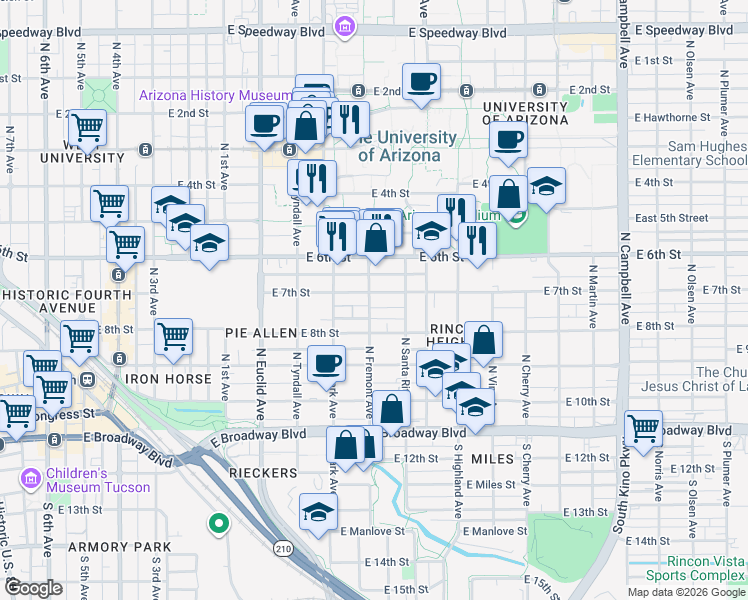 map of restaurants, bars, coffee shops, grocery stores, and more near 1104 East 7th Street in Tucson