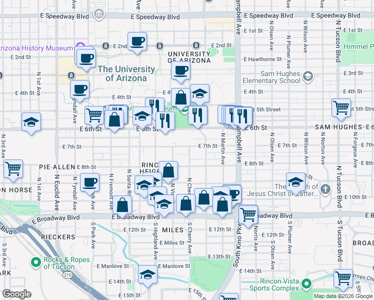 map of restaurants, bars, coffee shops, grocery stores, and more near 336 North Vine Avenue in Tucson