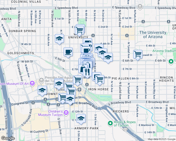 map of restaurants, bars, coffee shops, grocery stores, and more near in Tucson