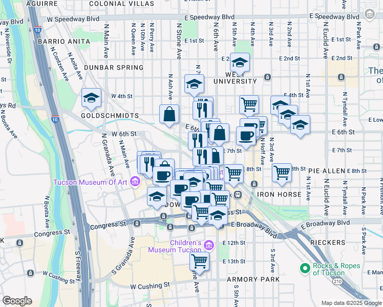 map of restaurants, bars, coffee shops, grocery stores, and more near 317 North Stone Avenue in Tucson