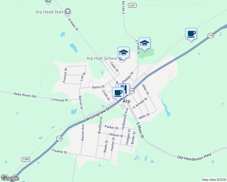 map of restaurants, bars, coffee shops, grocery stores, and more near 103 Woodman Street in Arp