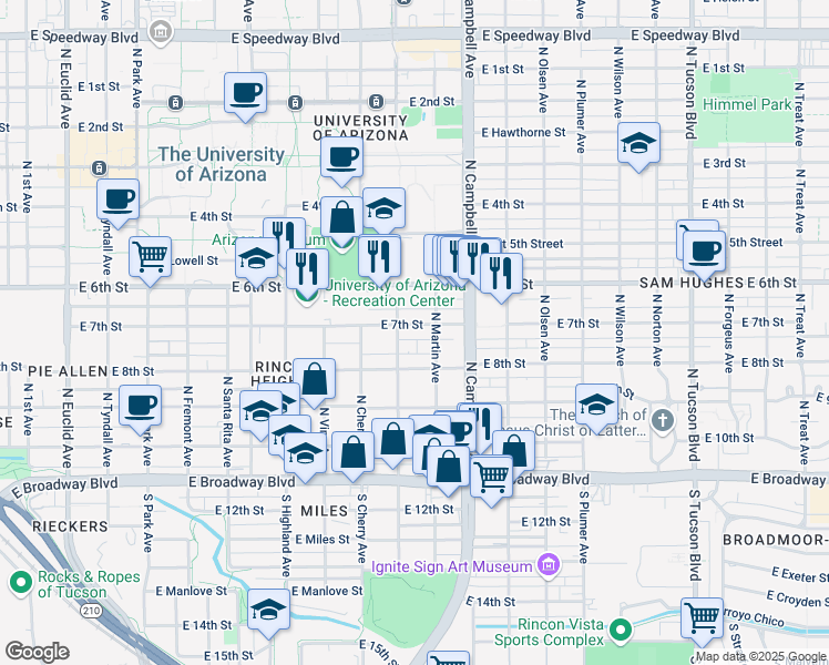 map of restaurants, bars, coffee shops, grocery stores, and more near 1722 East 7th Street in Tucson