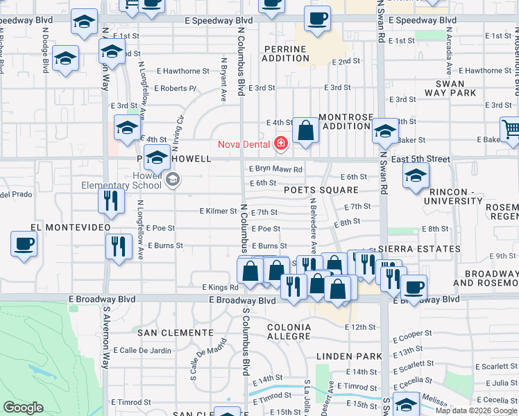 map of restaurants, bars, coffee shops, grocery stores, and more near 4342 East 7th Street in Tucson