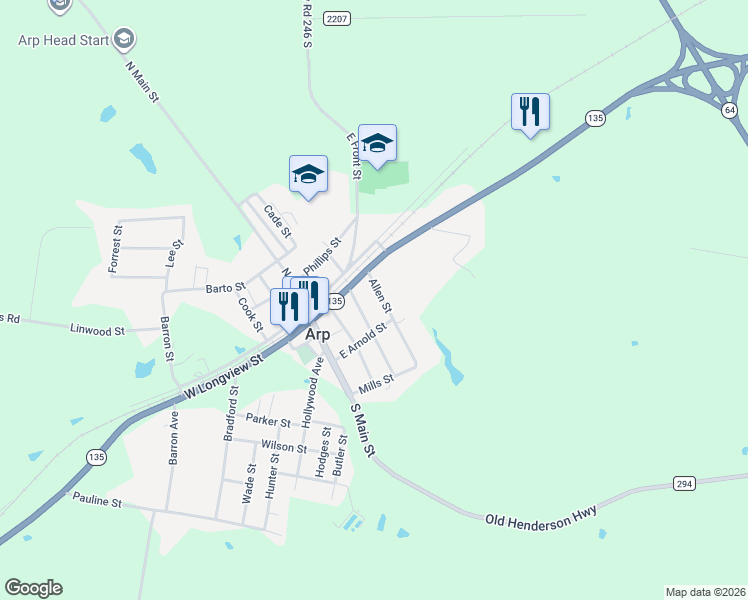 map of restaurants, bars, coffee shops, grocery stores, and more near 108 Allen Street in Arp