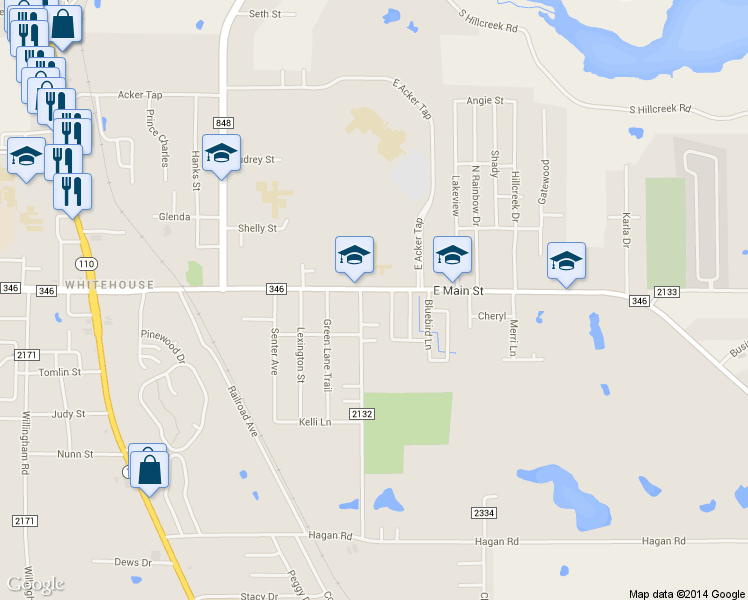map of restaurants, bars, coffee shops, grocery stores, and more near 800 East Main Street in Whitehouse