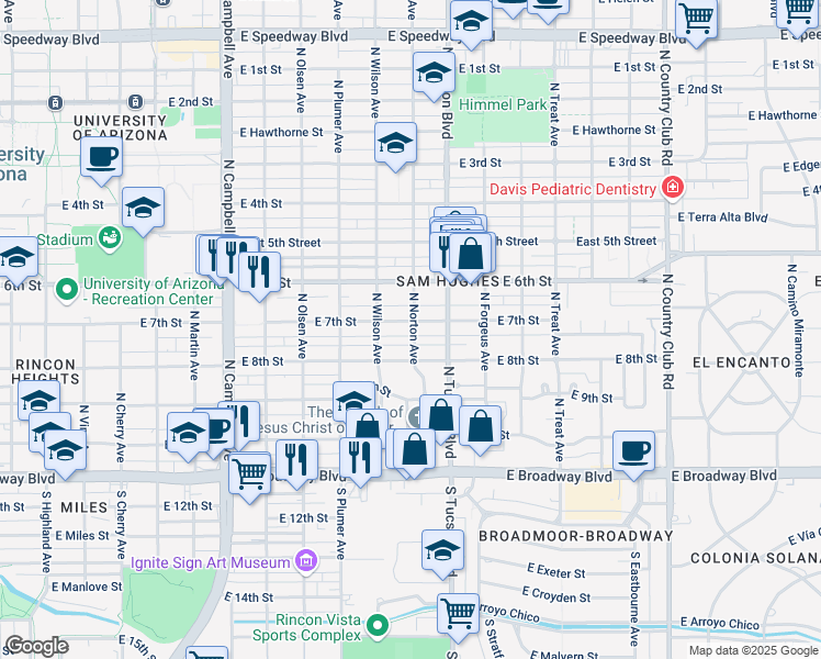 map of restaurants, bars, coffee shops, grocery stores, and more near 327 North Norton Avenue in Tucson