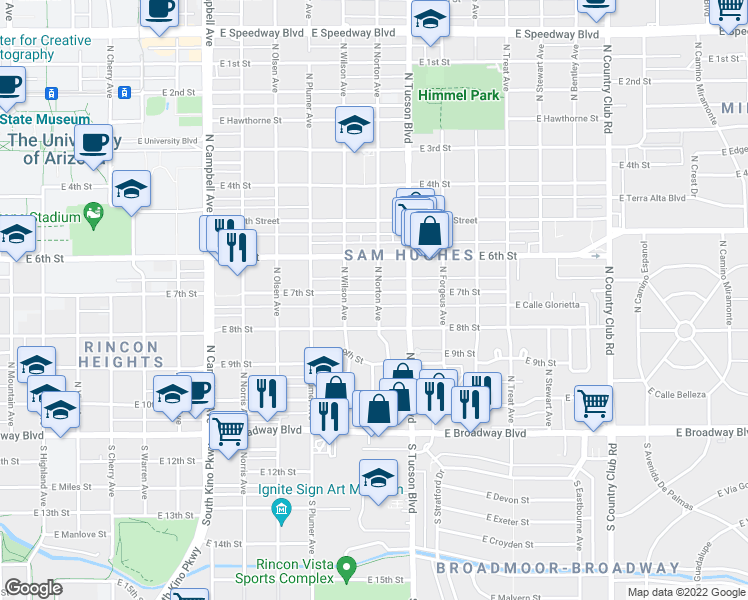 map of restaurants, bars, coffee shops, grocery stores, and more near 327 North Norton Avenue in Tucson