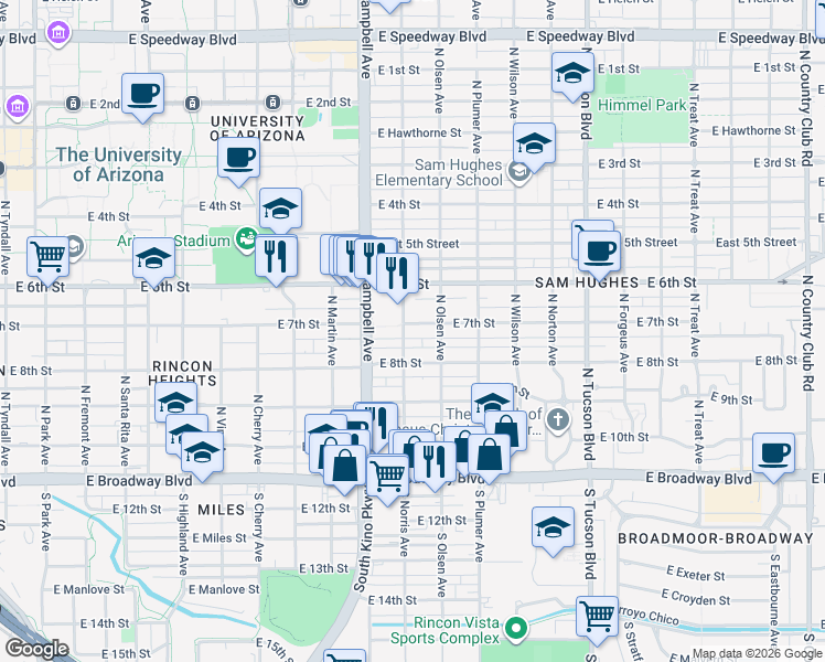 map of restaurants, bars, coffee shops, grocery stores, and more near 331 North Olsen Avenue in Tucson