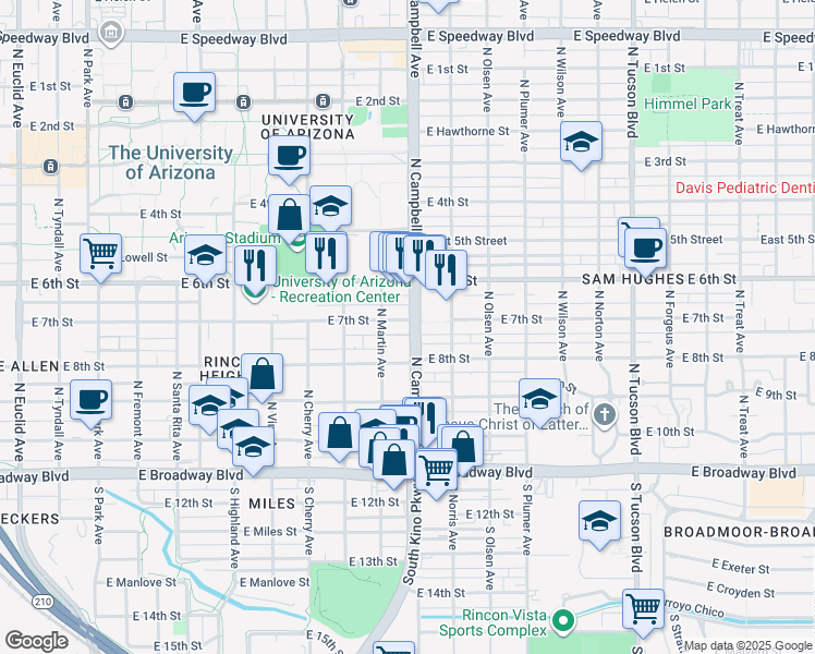 map of restaurants, bars, coffee shops, grocery stores, and more near 328 North Martin Avenue in Tucson