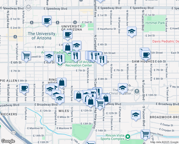 map of restaurants, bars, coffee shops, grocery stores, and more near 328 North Martin Avenue in Tucson