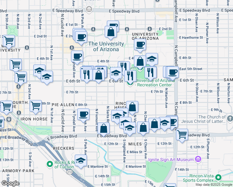 map of restaurants, bars, coffee shops, grocery stores, and more near 1316 East 7th Street in Tucson