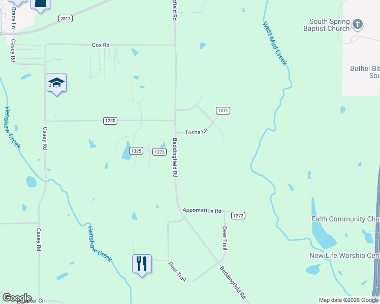 map of restaurants, bars, coffee shops, grocery stores, and more near 17401-17609 Beddingfield Road in Flint