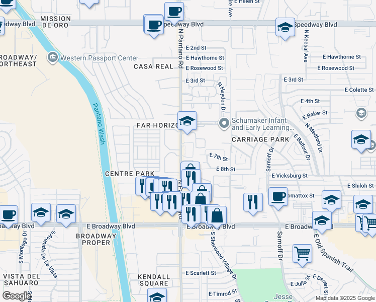 map of restaurants, bars, coffee shops, grocery stores, and more near 370 North Pantano Road in Tucson
