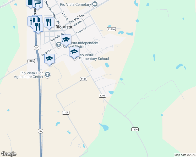map of restaurants, bars, coffee shops, grocery stores, and more near 821 County Road 1206 in Rio Vista