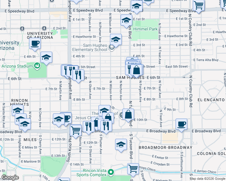 map of restaurants, bars, coffee shops, grocery stores, and more near 2310 East 7th Street in Tucson