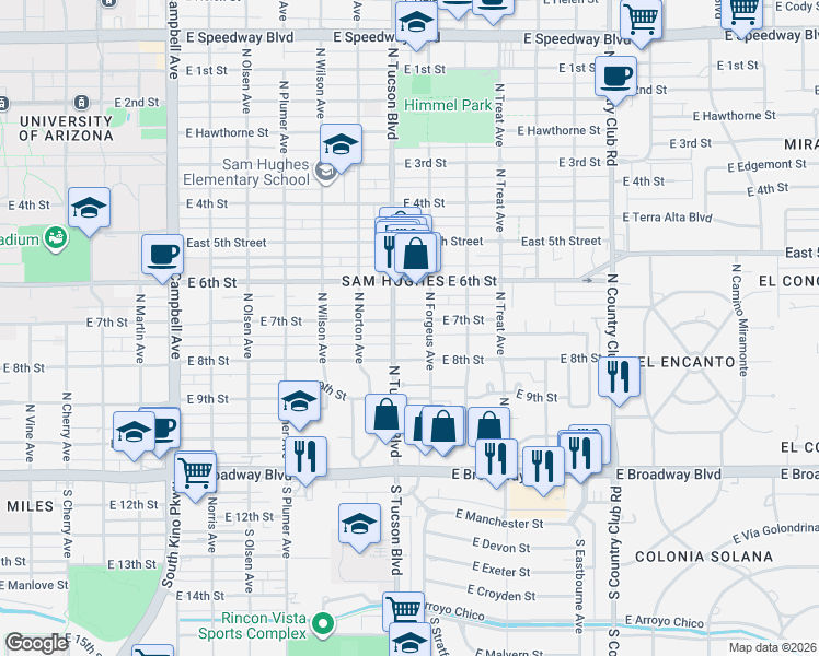 map of restaurants, bars, coffee shops, grocery stores, and more near 2520 East 7th Street in Tucson